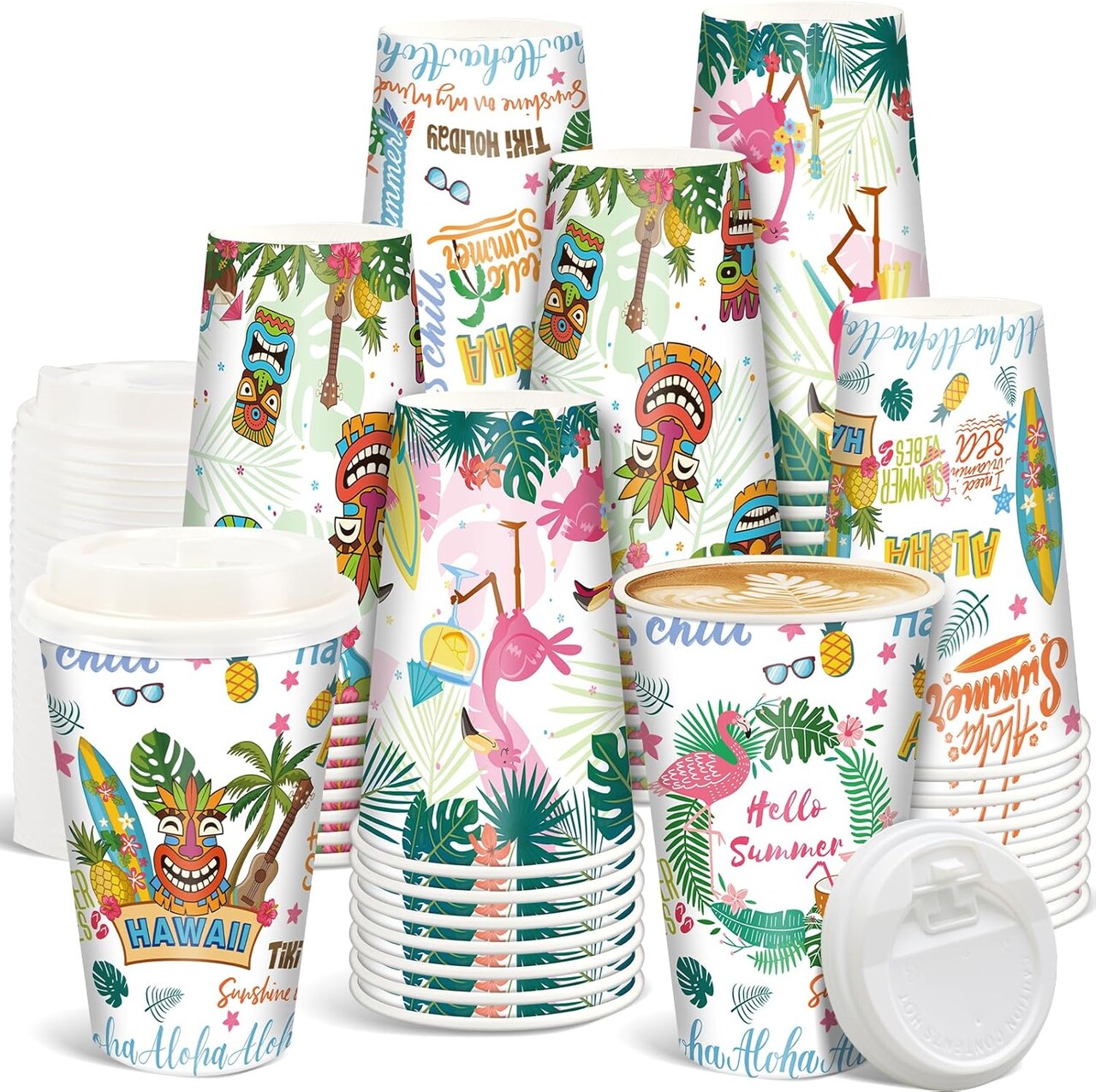 48 Pcs Hawaiian Luau Party Disposable Coffee Cups with Lids, 16 oz Summer Paper To Go Coffee Cups, Tropical Floral Hibiscus Palm Tree